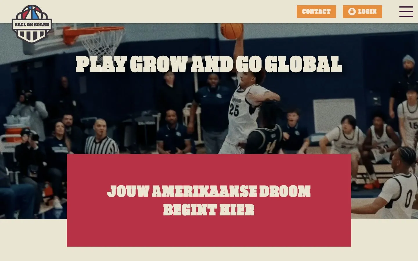 De eerdere Ball on Board-homepage met een algemene slogan over de basketbalvideo.