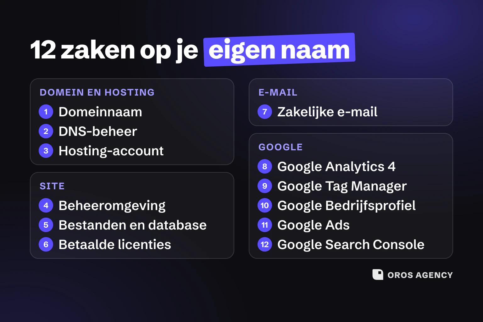 Schema met de 12 zaken die op je eigen naam horen, in vier groepen: domein en hosting, site, e-mail en vijf Google-accounts