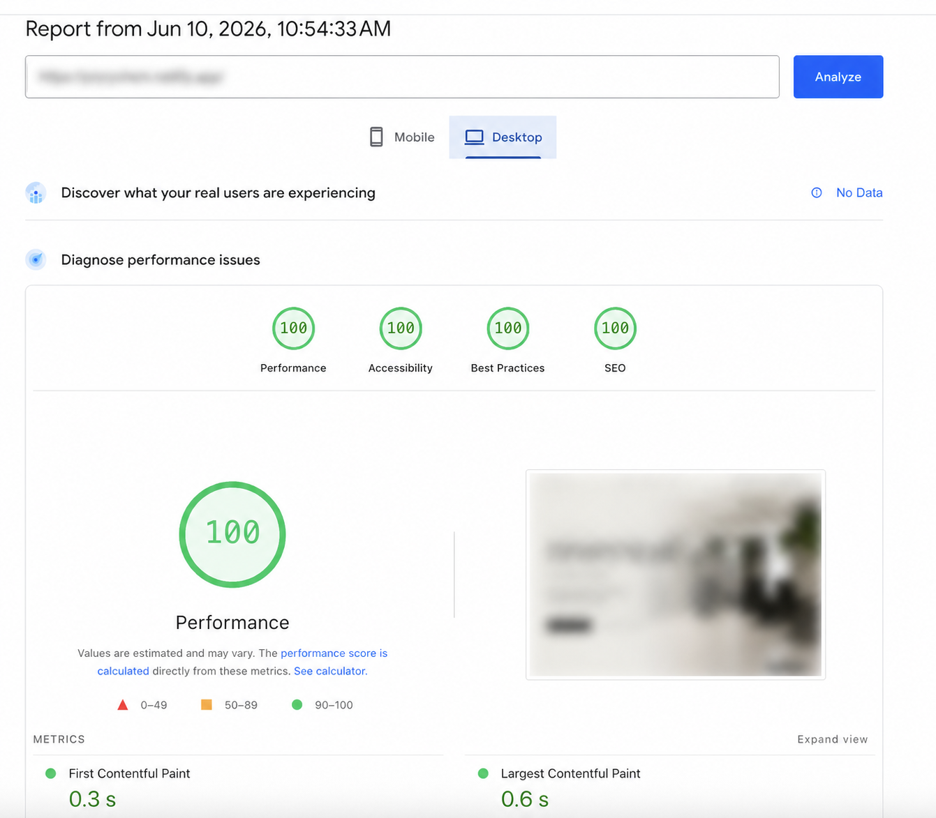 Desktoptest van hetzelfde Astro-project, Performance 100