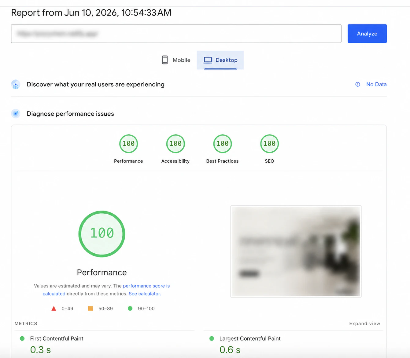Desktoptest van hetzelfde Astro-project, Performance 100