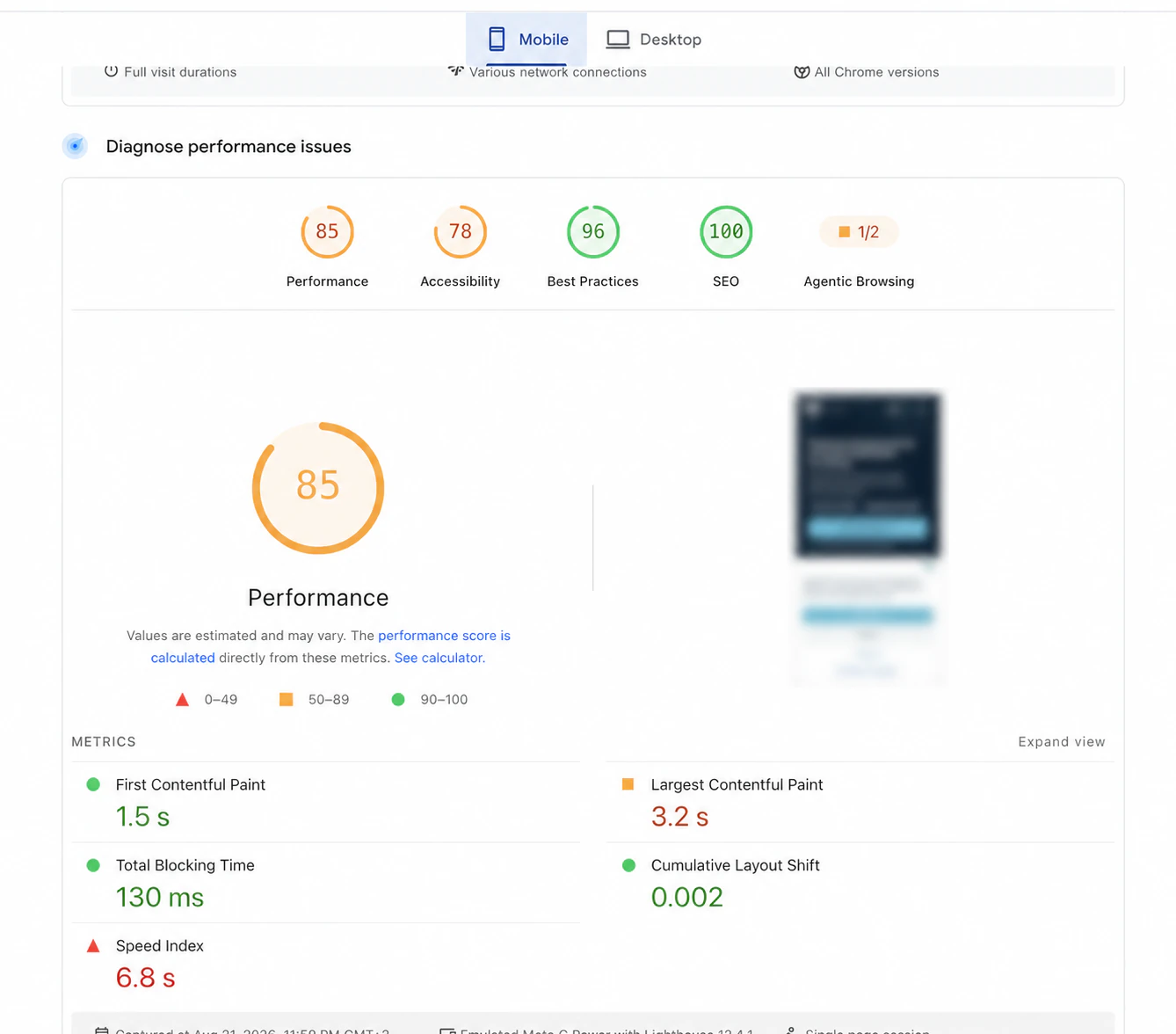 Anonieme mobiele Lighthouse-test van een website na optimalisatie