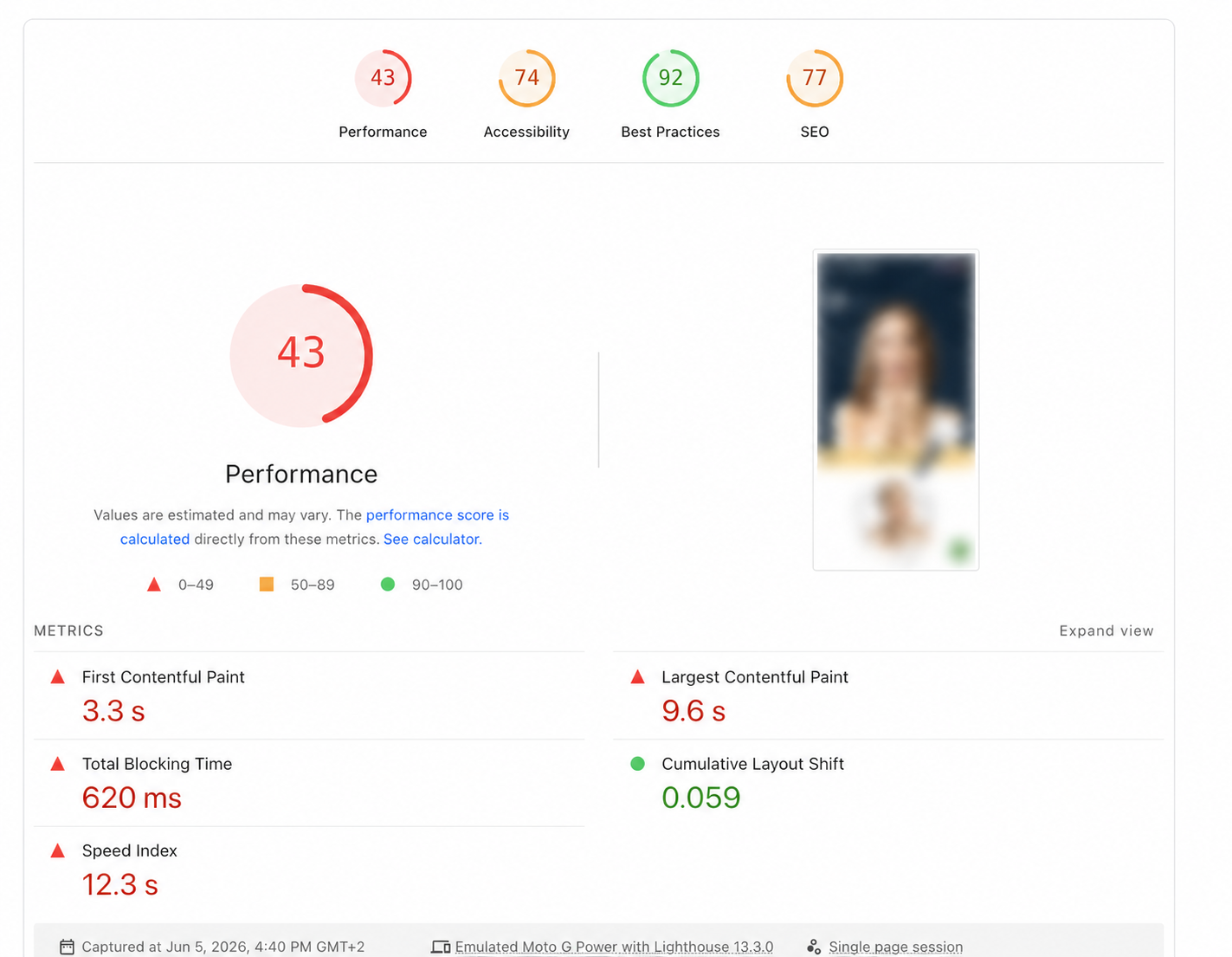 Mobile Lighthouse test before optimisation, Performance 43