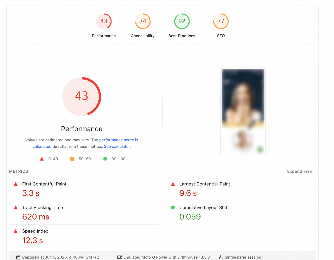 Mobiele Lighthouse-test voor optimalisatie, Performance 43