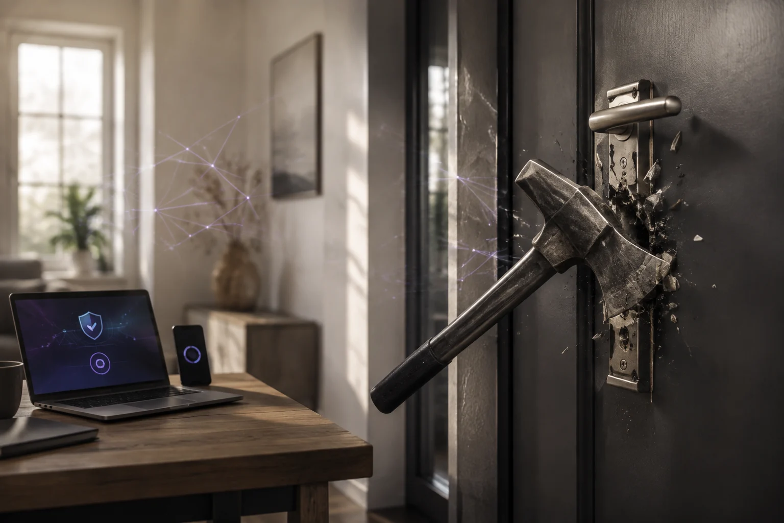 A closed front door with damaged lock hardware, an axe and subtle IT security elements