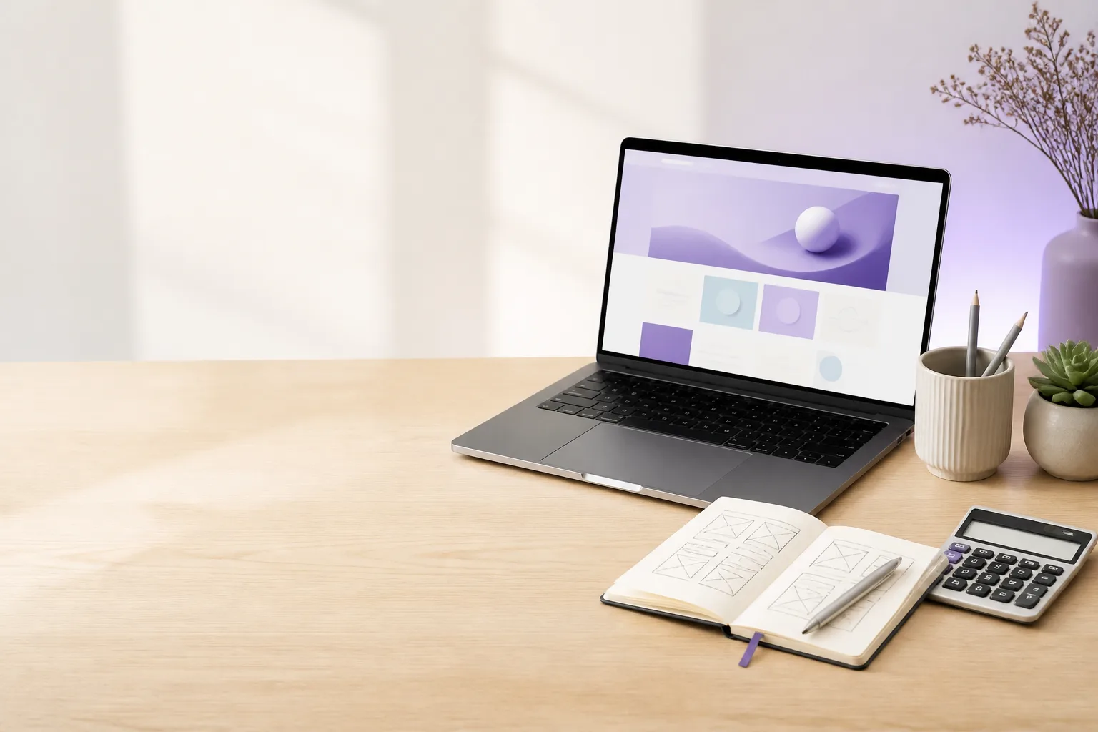 Laptop showing website wireframes and a calculator on a bright desk